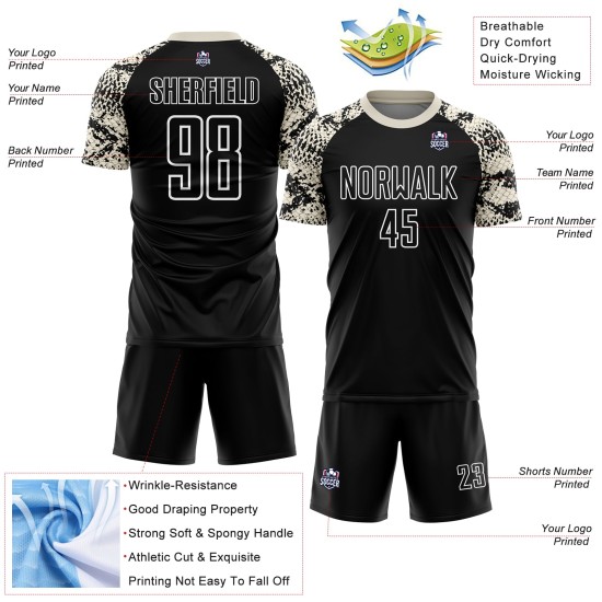 Custom Black Cream-White Snake Skin Sublimation Soccer Uniform Jersey Custom Black Cream-White Snake Skin Sublimation Soccer Uniform Jersey