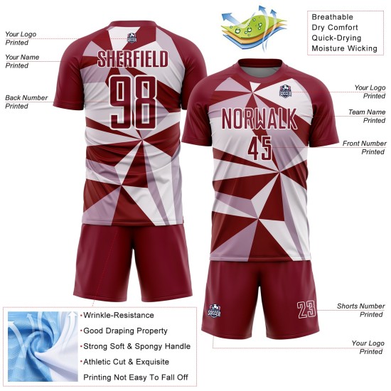 Custom Crimson White Geometric Pattern Sublimation Soccer Uniform Jersey Custom Crimson White Geometric Pattern Sublimation Soccer Uniform Jersey