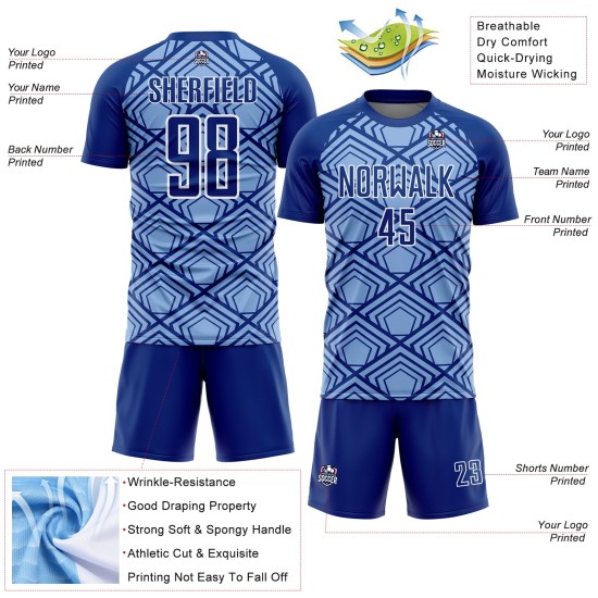 Custom Light Blue Royal-White Geometric Pattern Sublimation Soccer Uniform Jersey Custom Light Blue Royal-White Geometric Pattern Sublimation Soccer Uniform Jersey