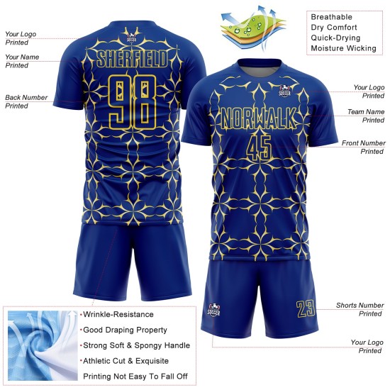 Custom Royal Yellow Damask Pattern Sublimation Soccer Uniform Jersey Custom Royal Yellow Damask Pattern Sublimation Soccer Uniform Jersey