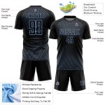 Custom Black Light Blue Geometric Lines Sublimation Soccer Uniform Jersey Custom Black Light Blue Geometric Lines Sublimation Soccer Uniform Jersey