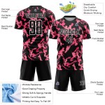 Custom Black Pink-White Abstract Geometric Pattern Sublimation Soccer Uniform Jersey Custom Black Pink-White Abstract Geometric Pattern Sublimation Soccer Uniform Jersey