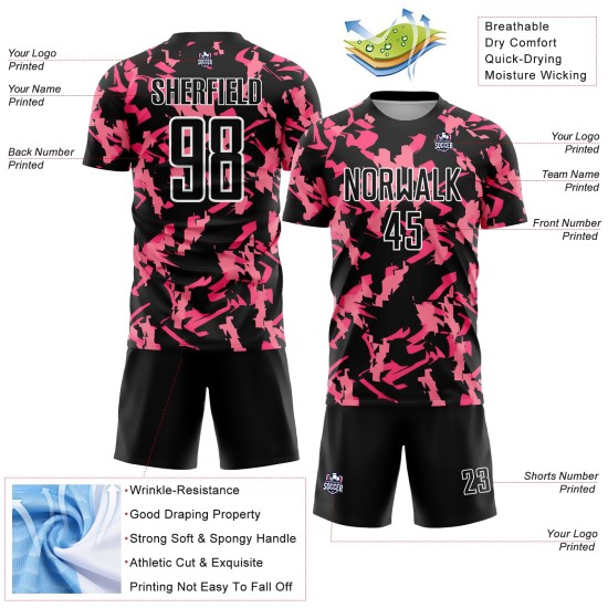 Custom Black Pink-White Abstract Geometric Pattern Sublimation Soccer Uniform Jersey Custom Black Pink-White Abstract Geometric Pattern Sublimation Soccer Uniform Jersey