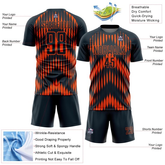 Custom Navy Orange Abstract Triangle Sublimation Soccer Uniform Jersey Custom Navy Orange Abstract Triangle Sublimation Soccer Uniform Jersey