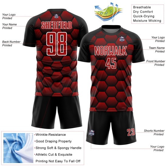 Custom Black Red-White Hexagons Pattern Sublimation Soccer Uniform Jersey Custom Black Red-White Hexagons Pattern Sublimation Soccer Uniform Jersey