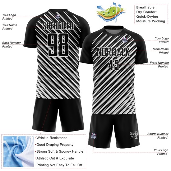Custom Black White Slash Sublimation Soccer Uniform Jersey Custom Black White Slash Sublimation Soccer Uniform Jersey