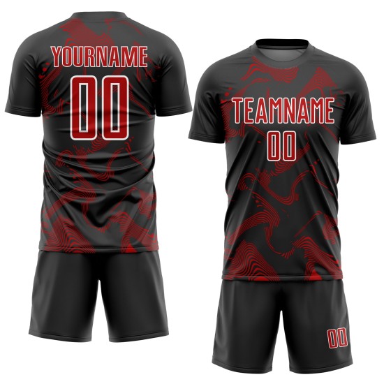 Custom Black Red-White Curve Lines Sublimation Soccer Uniform Jersey Custom Black Red-White Curve Lines Sublimation Soccer Uniform Jersey