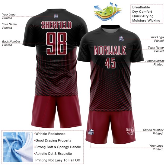 Custom Black Crimson-White Geometric Lines Sublimation Soccer Uniform Jersey Custom Black Crimson-White Geometric Lines Sublimation Soccer Uniform Jersey
