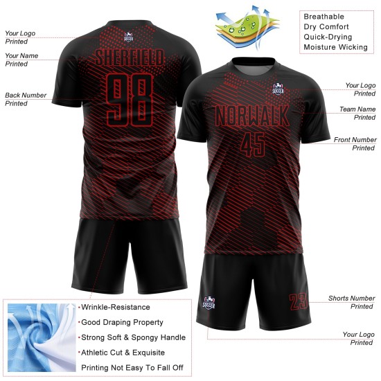 Custom Black Red Abstract Hexagon Sublimation Soccer Uniform Jersey Custom Black Red Abstract Hexagon Sublimation Soccer Uniform Jersey