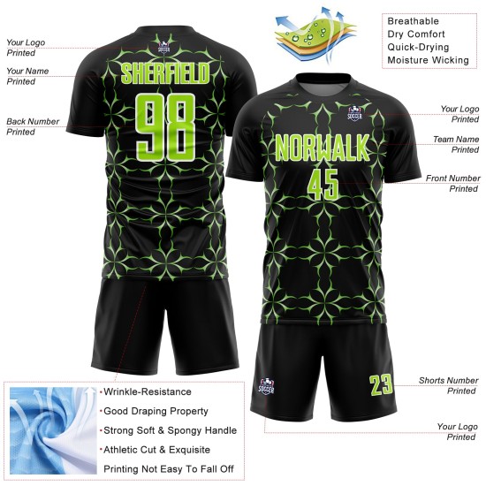 Custom Black Neon Green-White Damask Pattern Sublimation Soccer Uniform Jersey Custom Black Neon Green-White Damask Pattern Sublimation Soccer Uniform Jersey