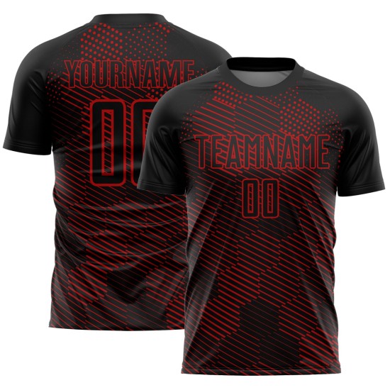 Custom Black Red Abstract Hexagon Sublimation Soccer Uniform Jersey Custom Black Red Abstract Hexagon Sublimation Soccer Uniform Jersey