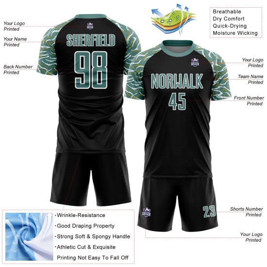Custom Black Midnight Green-White Curved And Wavy Lines Sublimation Soccer Uniform Jersey Custom Black Midnight Green-White Curved And Wavy Lines Sublimation Soccer Uniform Jersey