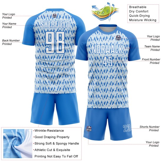 Custom Powder Blue White-Silver Abstract Geometric Pattern Sublimation Soccer Uniform Jersey Custom Powder Blue White-Silver Abstract Geometric Pattern Sublimation Soccer Uniform Jersey