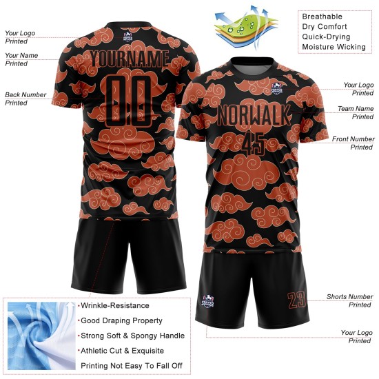 Custom Black Orange Cloud Pattern Sublimation Soccer Uniform Jersey Custom Black Orange Cloud Pattern Sublimation Soccer Uniform Jersey