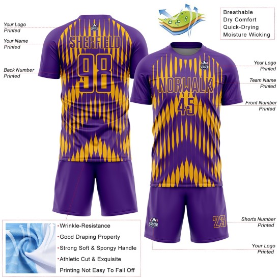 Custom Purple Gold Abstract Triangle Sublimation Soccer Uniform Jersey Custom Purple Gold Abstract Triangle Sublimation Soccer Uniform Jersey