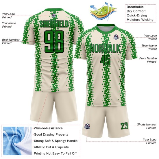Custom Cream Grass Green-Black Abstract Geometric Pattern Sublimation Soccer Uniform Jersey Custom Cream Grass Green-Black Abstract Geometric Pattern Sublimation Soccer Uniform Jersey