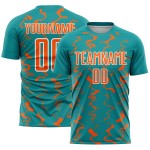 Custom Teal Orange-White Abstract Lines Sublimation Soccer Uniform Jersey Custom Teal Orange-White Abstract Lines Sublimation Soccer Uniform Jersey