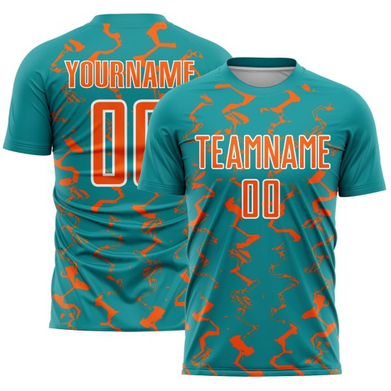 Custom Teal Orange-White Abstract Lines Sublimation Soccer Uniform Jersey Custom Teal Orange-White Abstract Lines Sublimation Soccer Uniform Jersey