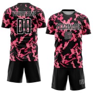 Custom Black Pink-White Abstract Geometric Pattern Sublimation Soccer Uniform Jersey Custom Black Pink-White Abstract Geometric Pattern Sublimation Soccer Uniform Jersey