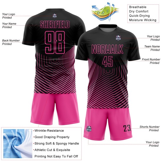 Custom Black Pink Geometric Lines Sublimation Soccer Uniform Jersey Custom Black Pink Geometric Lines Sublimation Soccer Uniform Jersey