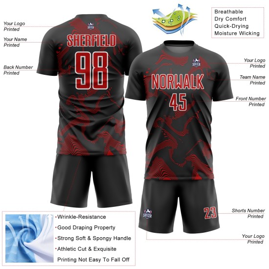 Custom Black Red-White Curve Lines Sublimation Soccer Uniform Jersey Custom Black Red-White Curve Lines Sublimation Soccer Uniform Jersey