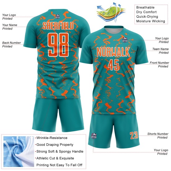 Custom Teal Orange-White Abstract Lines Sublimation Soccer Uniform Jersey Custom Teal Orange-White Abstract Lines Sublimation Soccer Uniform Jersey