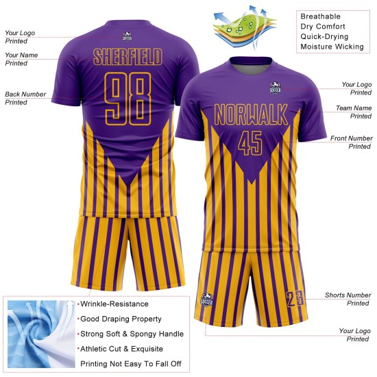 Custom Purple Gold Lines Sublimation Soccer Uniform Jersey Custom Purple Gold Lines Sublimation Soccer Uniform Jersey