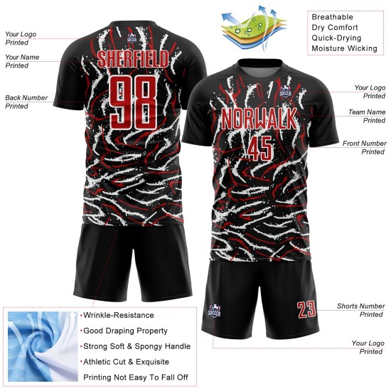 Custom Black Red-White Curved And Wavy Lines Sublimation Soccer Uniform Jersey Custom Black Red-White Curved And Wavy Lines Sublimation Soccer Uniform Jersey