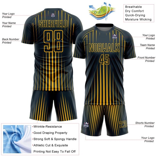 Custom Navy Gold Lines Sublimation Soccer Uniform Jersey Custom Navy Gold Lines Sublimation Soccer Uniform Jersey