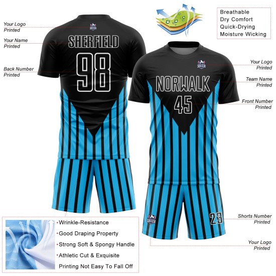 Custom Black Sky Blue-White Lines Sublimation Soccer Uniform Jersey Custom Black Sky Blue-White Lines Sublimation Soccer Uniform Jersey