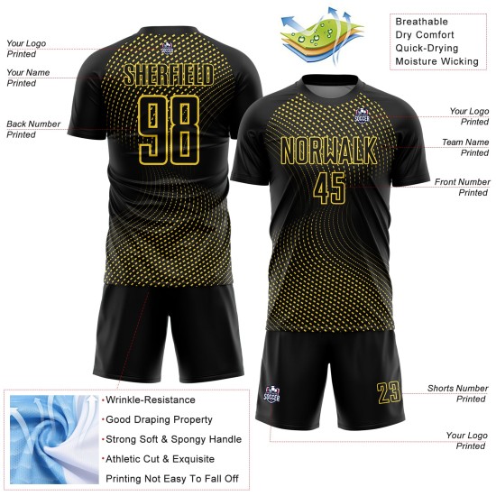 Custom Black Yellow Geometric Lines Sublimation Soccer Uniform Jersey Custom Black Yellow Geometric Lines Sublimation Soccer Uniform Jersey