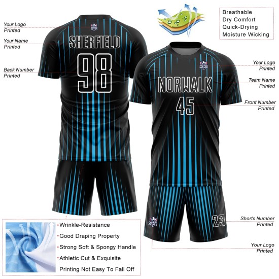 Custom Black Sky Blue-White Lines Sublimation Soccer Uniform Jersey Custom Black Sky Blue-White Lines Sublimation Soccer Uniform Jersey