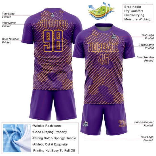 Custom Purple Gold Abstract Hexagon Sublimation Soccer Uniform Jersey Custom Purple Gold Abstract Hexagon Sublimation Soccer Uniform Jersey