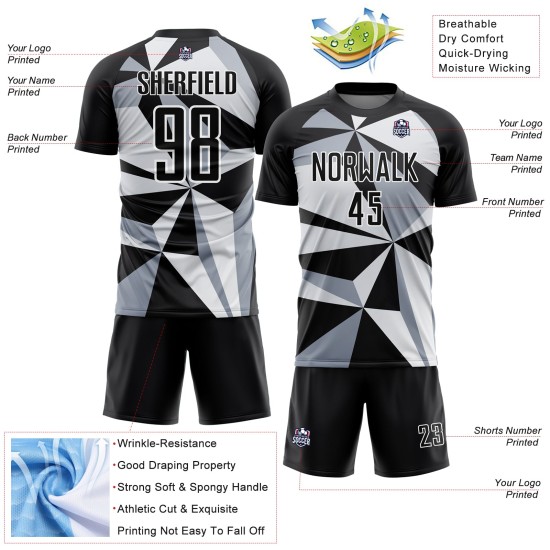 Custom Black White Geometric Pattern Sublimation Soccer Uniform Jersey Custom Black White Geometric Pattern Sublimation Soccer Uniform Jersey