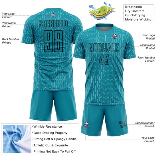 Custom Teal Black Geometric Pattern Sublimation Soccer Uniform Jersey Custom Teal Black Geometric Pattern Sublimation Soccer Uniform Jersey